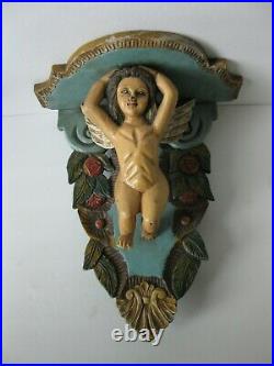 Antique Vintage Hand Carved Wood Cherub Angel Putti Folk Art Wall Shelf Sconce
