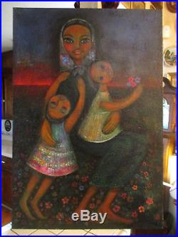 Antique / Vintage Mexican / Latin Mother & Childre Folk Art Painting Signed