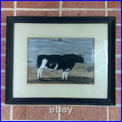 Antique Vintage Original Cow Watercolor Chalk Sketch Framed Folk Art Farmhouse