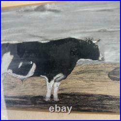 Antique Vintage Original Cow Watercolor Chalk Sketch Framed Folk Art Farmhouse