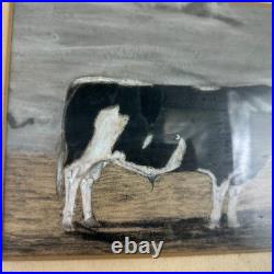 Antique Vintage Original Cow Watercolor Chalk Sketch Framed Folk Art Farmhouse