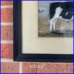 Antique Vintage Original Cow Watercolor Chalk Sketch Framed Folk Art Farmhouse