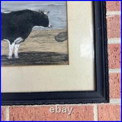Antique Vintage Original Cow Watercolor Chalk Sketch Framed Folk Art Farmhouse