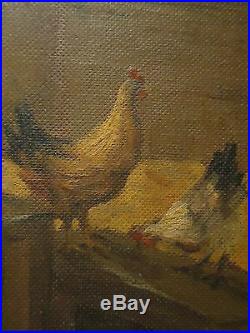 Antique Vintage Painting Folk Art Barn Scene Chicken Farm Signed