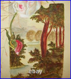Antique Vtg 1800s Folk Art Hand Painted Watercolor Painting River Scene and Rose