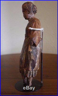 Antique Vtg Hand Carved Painted Santos Primitive Girl Figure Glass Eyes Folk Art
