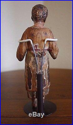 Antique Vtg Hand Carved Painted Santos Primitive Girl Figure Glass Eyes Folk Art