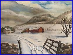 Antique WPA Era Folk Art Winter Landscape Oil Painting Signed Mae Wilkie