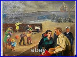 Antique WWII WPA American Folk Art Oil Painting, Long Beach Pier The Pike