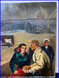 Antique WWII WPA American Folk Art Oil Painting, Long Beach Pier The Pike