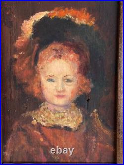 Antique Woman with Hat Portrait Folk Primitive Framed Painting Impressionist