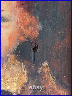 Antique Woman with Hat Portrait Folk Primitive Framed Painting Impressionist