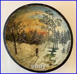 Antique Wood Bowl with Folk Art Winter Scene Boy with Knapsack Painting