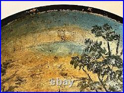 Antique Wood Bowl with Folk Art Winter Scene Boy with Knapsack Painting