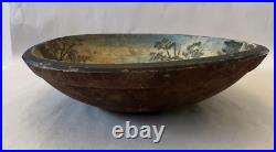 Antique Wood Bowl with Folk Art Winter Scene Boy with Knapsack Painting