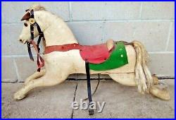 Antique Wood Carousel Style Rocking Horse Folk Art Hand Painted Leather Toy VTG