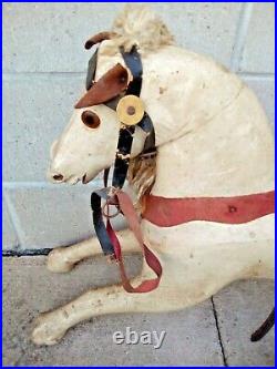 Antique Wood Carousel Style Rocking Horse Folk Art Hand Painted Leather Toy VTG
