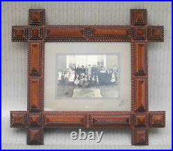Antique Wood Tramp Folk Art Stacked Picture Frame Criss Cross School Photograph