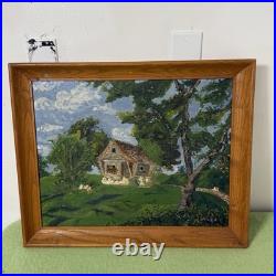 Antique Wooded Cabin Oil Painting Framed 21x17 Folk Art