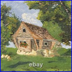 Antique Wooded Cabin Oil Painting Framed 21x17 Folk Art