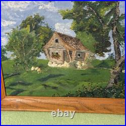 Antique Wooded Cabin Oil Painting Framed 21x17 Folk Art