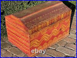 Antique Wooden Pine Sponge Paint Stenciled Folk Art Box Travel Trunk Chest