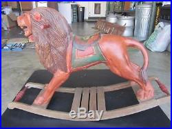 Antique Wooden Rocking Horse LION Hand Carved Painted Folk Art Old Glass Eyes