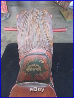 Antique Wooden Rocking Horse LION Hand Carved Painted Folk Art Old Glass Eyes