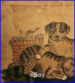 Antique c1850 Primitive Naive Folk Art PUPPIES Dogs Watercolor Painting