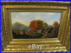Antique c1870's Folk Art O/B Painting of Country Farm & Stacks of Hay