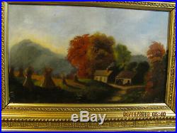 Antique c1870's Folk Art O/B Painting of Country Farm & Stacks of Hay