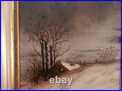 Antique c1880 American Folk Art Oil PaintingMother & ChildWinter Snow Scene