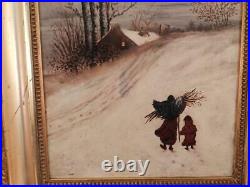 Antique c1880 American Folk Art Oil PaintingMother & ChildWinter Snow Scene