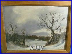 Antique c. 1900 Folk Art Oil on Board Painting Winter Solace in Northeast