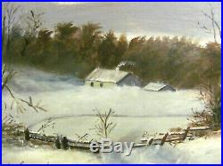 Antique c. 1900 Folk Art Oil on Board Painting Winter Solace in Northeast