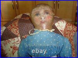 Antique cloth folk art rag doll painted face with little teeth, old bue dress