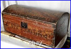 Antique dome top travel trunk folk art sponge painted chest box c 1830 dovetails