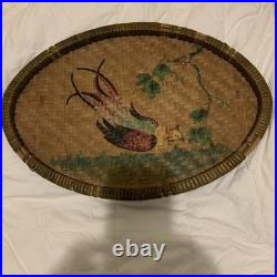 Antique folk art chicken painting On Basket Weave Tray Antique folk art chicken painting On Basket Weave Tray
