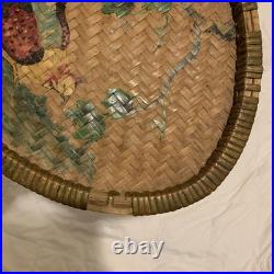 Antique folk art chicken painting On Basket Weave Tray Antique folk art chicken painting On Basket Weave Tray