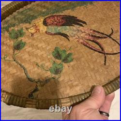 Antique folk art chicken painting On Basket Weave Tray Antique folk art chicken painting On Basket Weave Tray