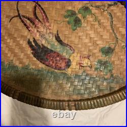 Antique folk art chicken painting On Basket Weave Tray Antique folk art chicken painting On Basket Weave Tray