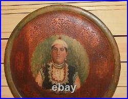 Antique folk art hand painted engraved wood wall hanging plate woman portrait