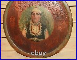 Antique folk art hand painted engraved wood wall hanging plate woman portrait
