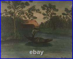 Antique folk art painting depicting an early river scene. Signed L. Malisani