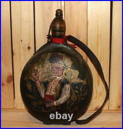 Antique folk hand painted wood wine/brandy bottle pitcher flask