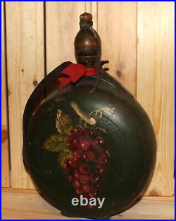 Antique folk hand painted wood wine/brandy bottle pitcher flask