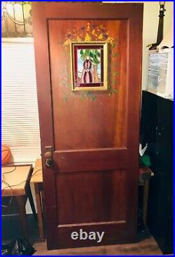 Antique heavy Wood Door painted stained glass windows folk art Rare
