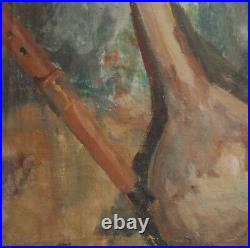 Antique impressionist oil painting folk still life with flute and gourd