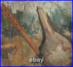 Antique impressionist oil painting folk still life with flute and gourd