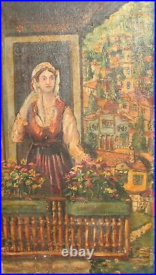 Antique impressionist oil painting rural portrait woman with folk costume